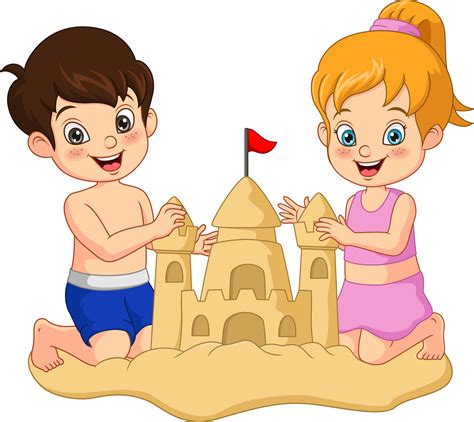 Cartoon Boy And Girl Making Sand Castles On A Beach 5112989 Vector Art