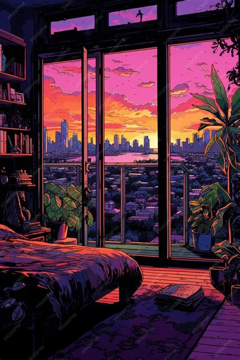 Premium Ai Image A Painting Of A Room With A View Of A City And A Plant
