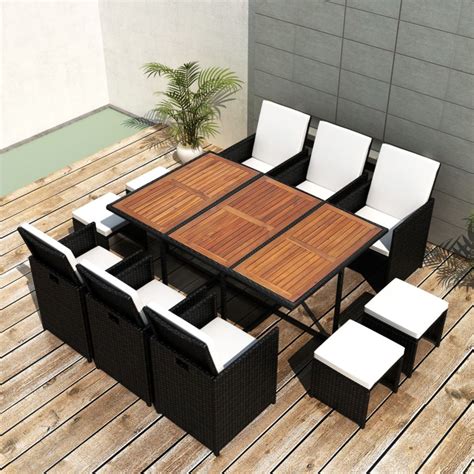 11 Piece Outdoor Dining Set Poly Rattan and Acacia Wood Black - Furniturre
