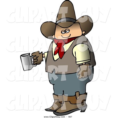 Clip Art Of A Morning Caucasian Cowboy Holding A Cup Of Fresh Hot
