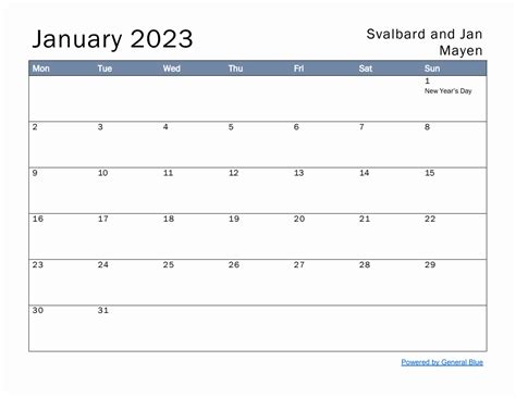 Free Monthly Calendar Template For January 2023 With Svalbard And Jan