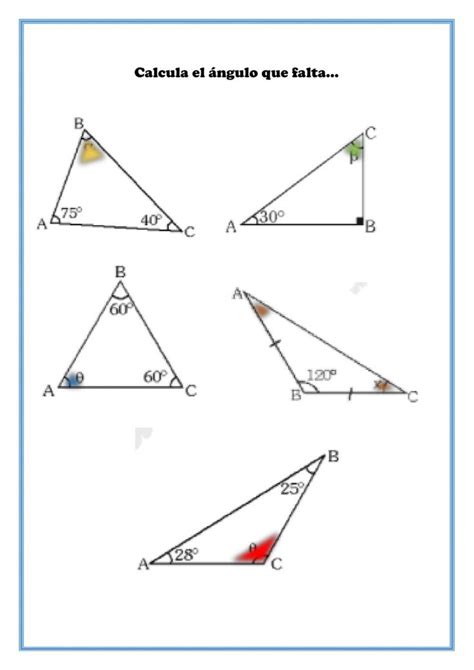 Suma de ángulos interiores en un triángulo worksheet