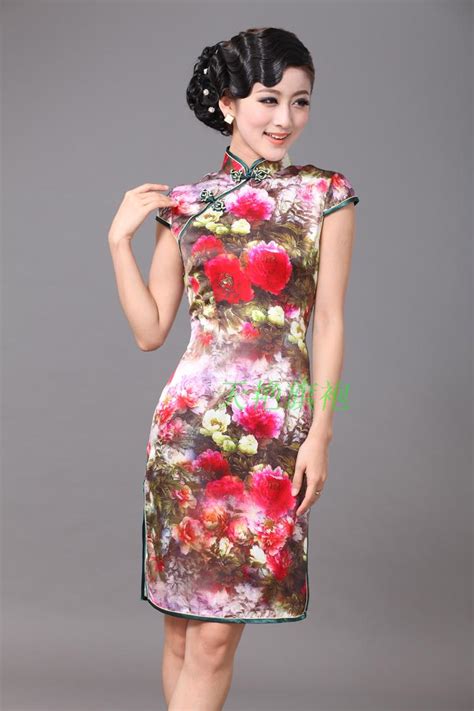 Magnificent Peony Flowers Silk Cheongsam Qipao Cheongsam Dresses Women