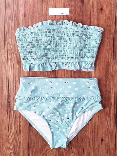 ruffle hem scrunched high waisted bandeaux bikini set w t i design in 2020 bandeau bikini