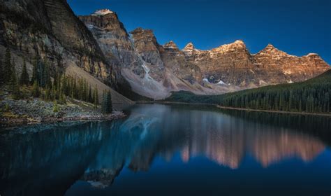 Mountains Moraine Lake Canada Sunset Forest Summer