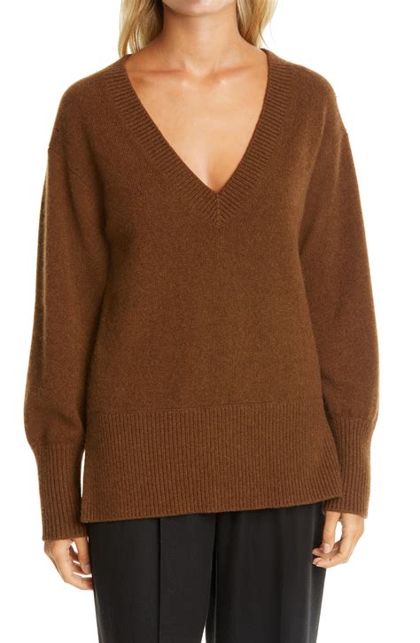 Vince Ribbed V Neck Cashmere Tunic Sweater In Brown Lyst