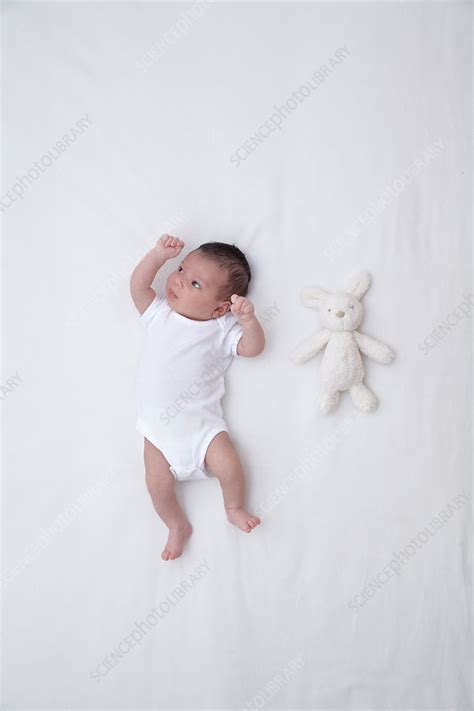 Baby Girl Lying On Bed With Soft Toy Beside Her Stock Image C054