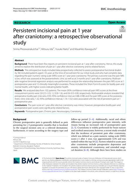 Pdf Persistent Incisional Pain At 1 Year After Craniotomy A