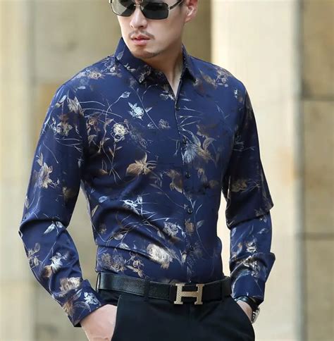 men s casual floral print shirt men fashion dark blue dress shirt long sleeve gentleman business