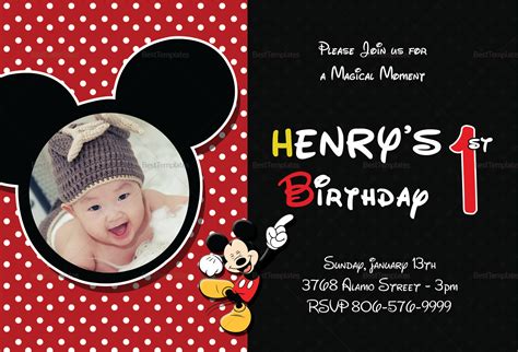 Celebrate a wedding, birthday, anniversary, or graduation. Mickey Mouse Birthday Invitation Card Design Template in Word, PSD, Publisher