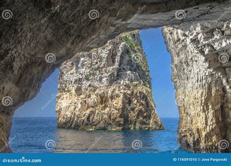 Rock In Sea Cave Ortholithos Rock Paxos Ionian Sea Greece Stock
