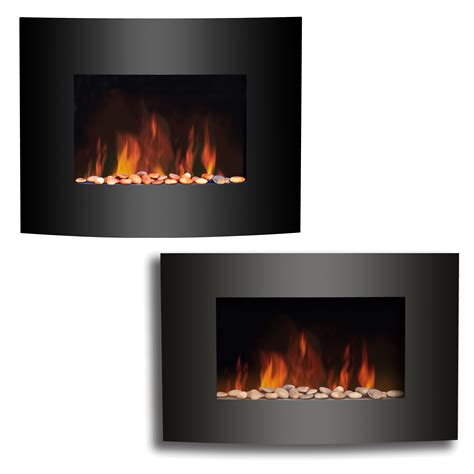 New Wall Mounted Electric Fire Fireplace Black Curved Glass Heater Flame Effect Ebay