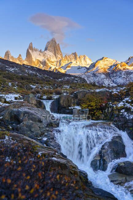 Mount Fitz Roy And Waterfall At Sunrise In Autumn El Chalten