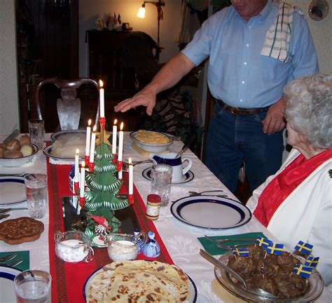 Friends having dinner at home at christmas eve. Traditional Scandinavian American Christmas Eve Dinner complete with lutefisk, lefse, Swedish ...