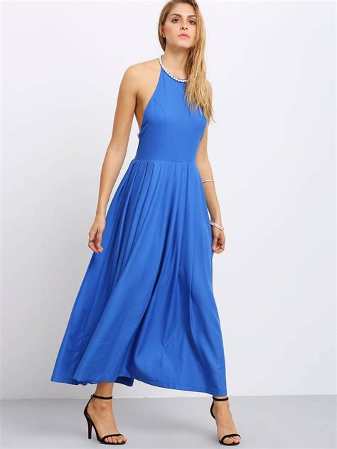 Blue Pearl Trimmed Neck Backless Pleated Dress Shein Sheinside