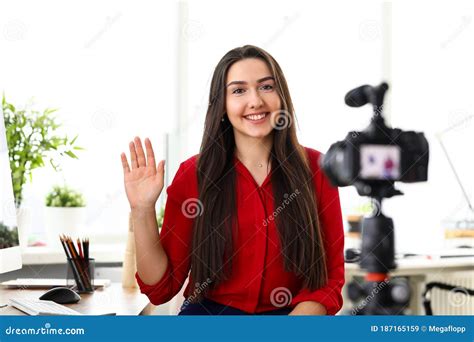 Girl Sitting In Front Camera Smiles Takes Off Blog Stock Image Image