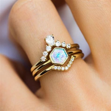 Hexagon Stacking Ring Set In Gold With Blue Opal Blue Engagement Ring