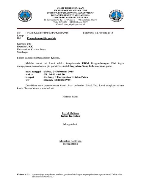 Surat permohonan bantuan alqur'anke kementrian agama (kemenag). Surat Permohonan Ijin Parkir