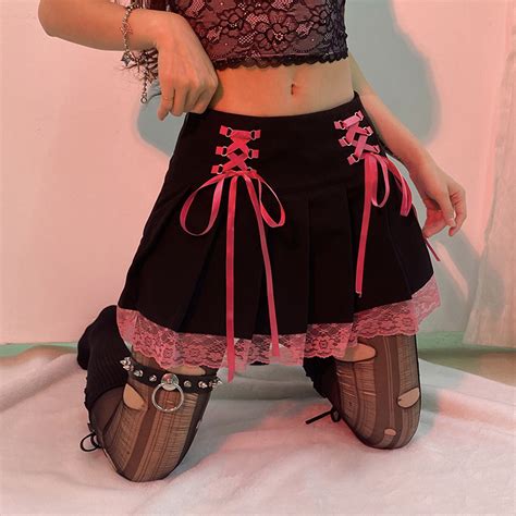 Rapcopter Y2k Pleated Skirts Lace Cross Tie Up Mini Skirts High Waisted