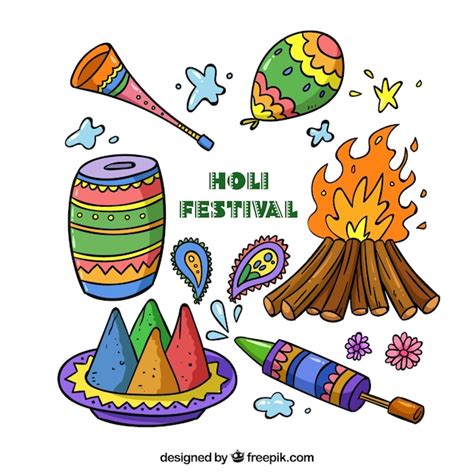 Free Vector Hand Drawn Holi Festival Elements Collection