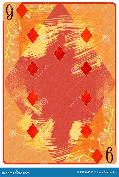 Nine Of Diamonds Playing Card Unique Hand Drawn Pocker Card Stock