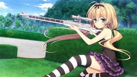 Safebooru 1girl Aiming Blonde Hair Blue Eyes Breasts Dress Forest Game Cg Grass Highres