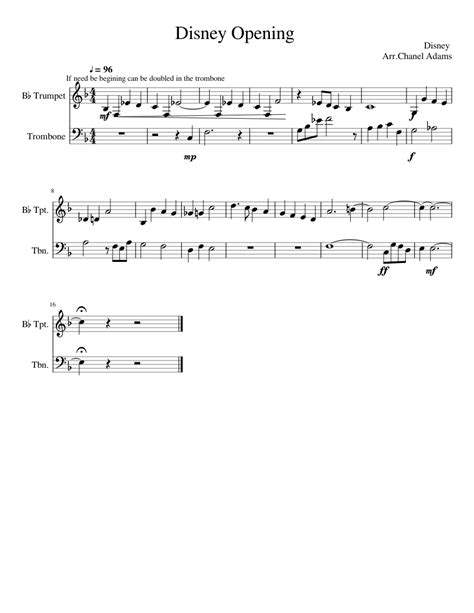 Disney Opening Sheet Music For Trombone Trumpet In B Flat Brass Duet