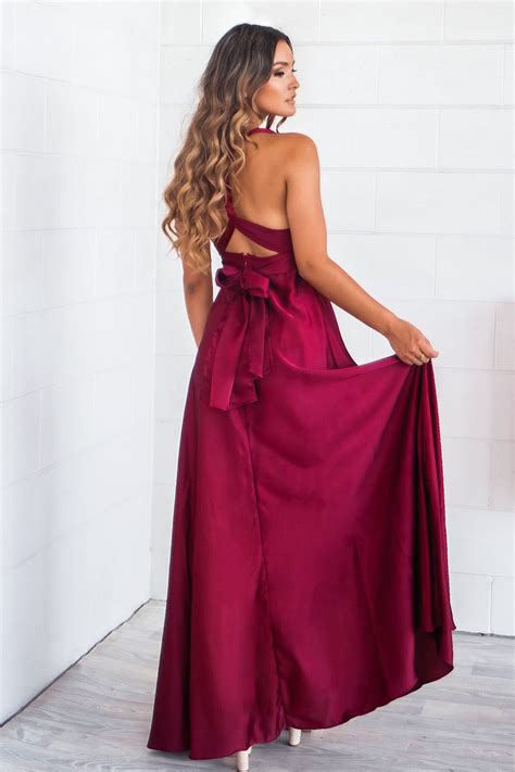 Maroon Satin Multiway Maxi Dress Wine Red Formal Gown Bridesmaid Dress Runway Goddess