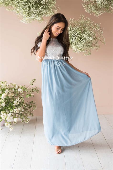 Dusty Blue Chiffon Sequin Maxi Dress Beautiful Modest Bridesmaids
