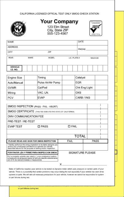 California Smog Test Inspection Form Receipts Custom Printed 2