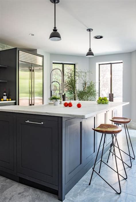 Dark Gray KItchen Island with Honed White Marble Countertop and Wood