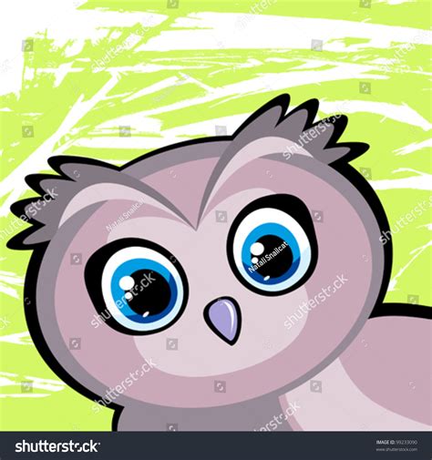 Cartoon Funny Owl With Big Blue Eyes On A Green Background Stock Vector