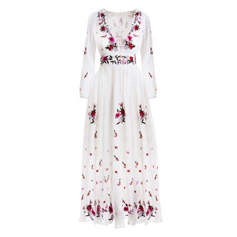 White Boho Chic Dresses Cotton 2018 Vintage Flower Embroidery Dress