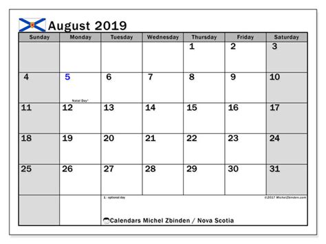 August 2019 Calendar Nova Scotia Canada Michel Zbinden En