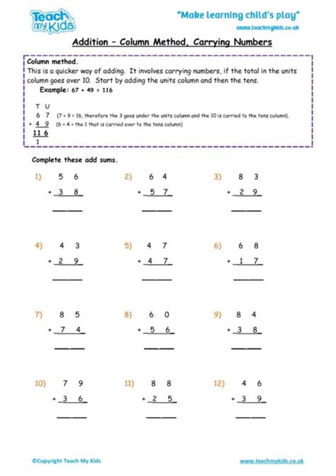 Addition Column Method Carrying Numbers Tmk Education