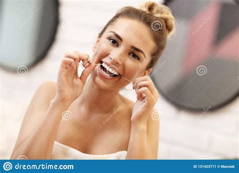 Young Woman Brushing Teeth In Bathroom Stock Image Image Of Beautiful