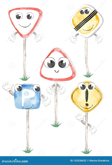 Cute Road Signs Watercolor Clipart Illustrations With Round Eyes