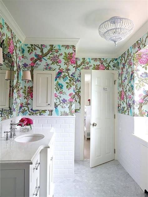 Subway Tile Wainscoting Bathroom Bold Floral Wallpaper Subway Tile