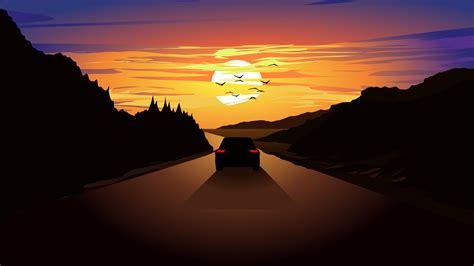 Vector Illustration Of Colorful Sunset Wit A Car Driving On Straight
