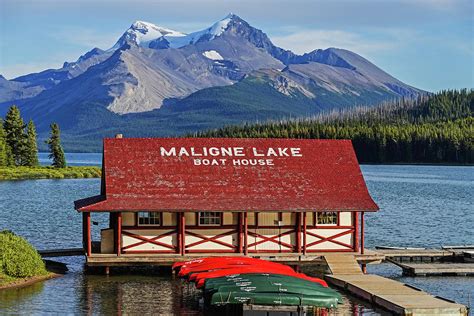Maligne Lake Boat House And Mountain Jasper National Park Albert Canada