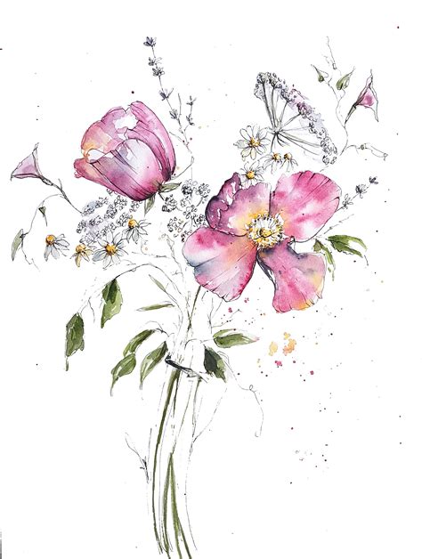 5 Flowers In Watercolor And Ink Camilla Damsbo Art