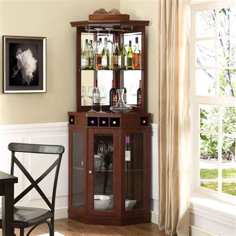 Tall Corner Bar Wine Cabinet Mirrored Bottle Storage Glass Rack Wood