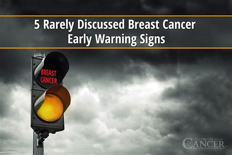 One of the first signs is most likely to be visible swelling (edema) of the skin of the breast and/or redness of the breast (covers more than 30 percent of the breast). 5 Rarely Discussed Early Warning Breast Cancer Signs