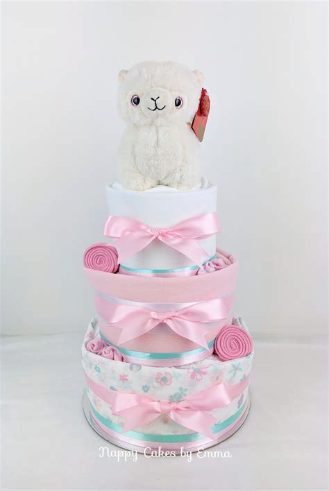Beautiful, cute, luxurious, & elevated baby gifts. Baby Girl Mint and Pink Llama Nappy Cake | Baby girl mint ...