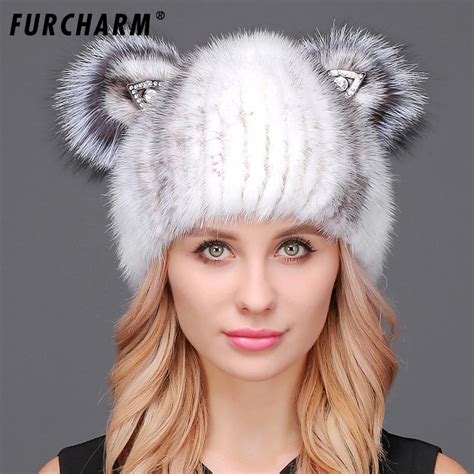 Cute Mink Fur Hat For Women High Quality Genuine Mink Hat With Fox Fur