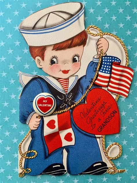 Vintage Patriotic Valentines Day Card Sailor Boy With American Etsy