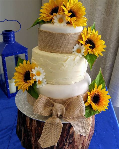 Rustic Wedding Cake Sunflowers And Burlap Sunflower Wedding Cake