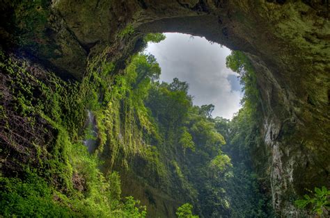 Wallpaper Gorge Arch Rock Vegetation Green Sky Clouds From