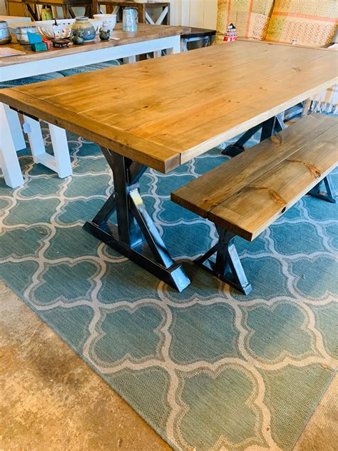 Industrial Farmhouse Table Set With Bench Raw Steel Pedestal Base