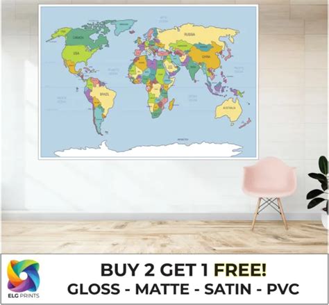 Laminated World Map Atlas Country Names Large Poster Art Print T A1